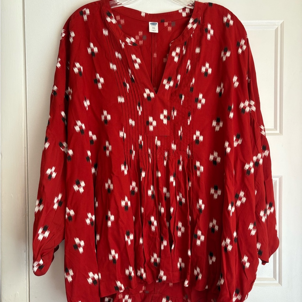 Old Navy Burnt Orange and White Patterned Tunic-Style 3/4 Sleeve Shirt